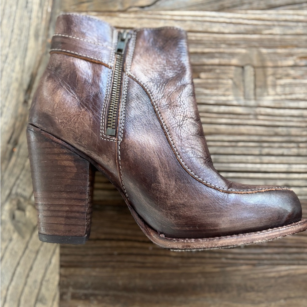 Bed Stu Isla leather booties featuring a distressed brown finish. - Picture 3 of 6